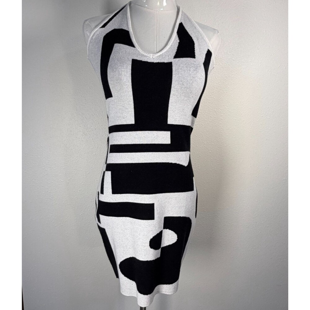 Nothingbutstyle Geometric Knit Halter Mini Dress Womens Black White Size L